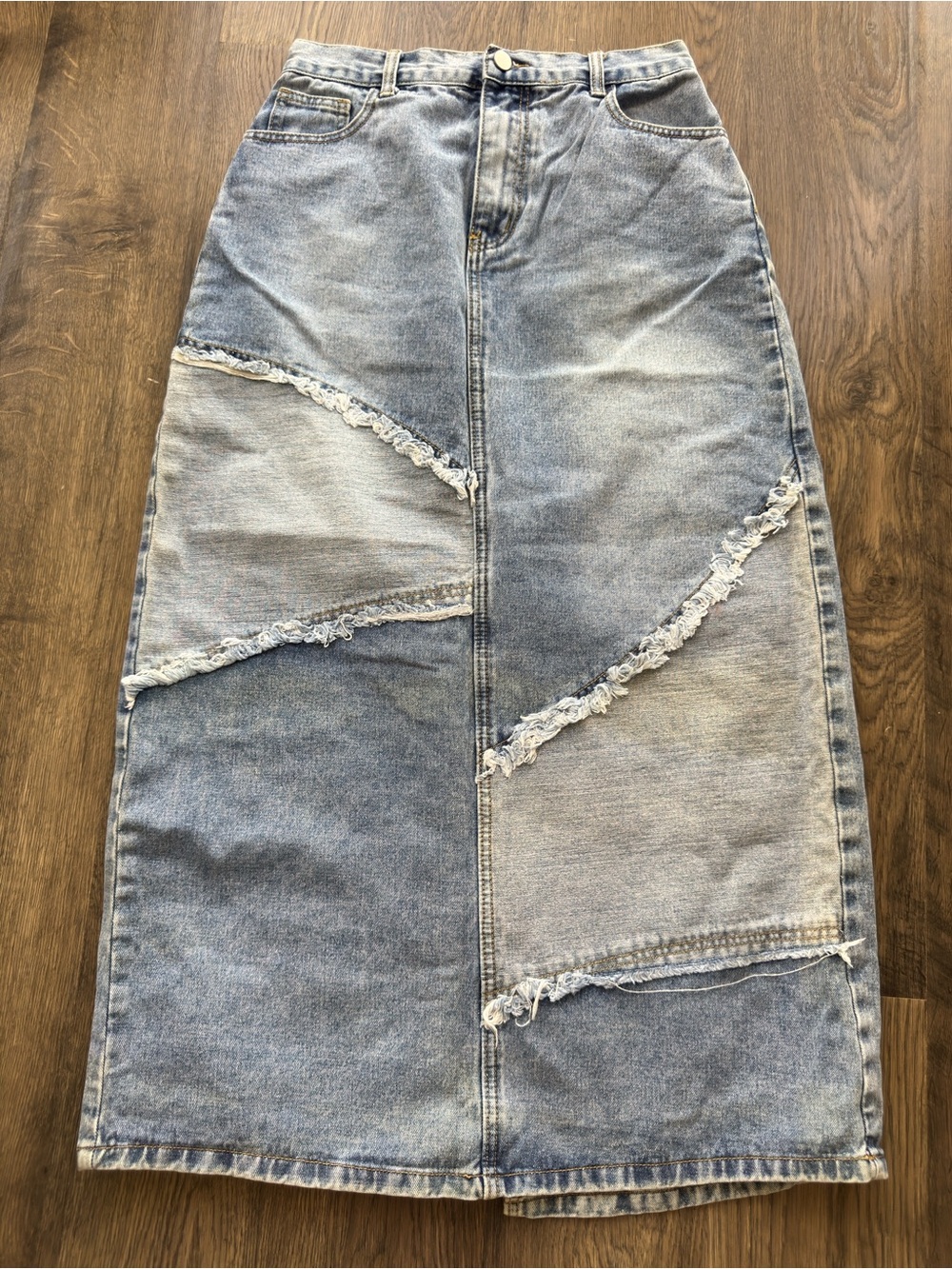 Cider Light Blue Patchwork Wide-Leg Denim Skirt - Picture 2 of 12
